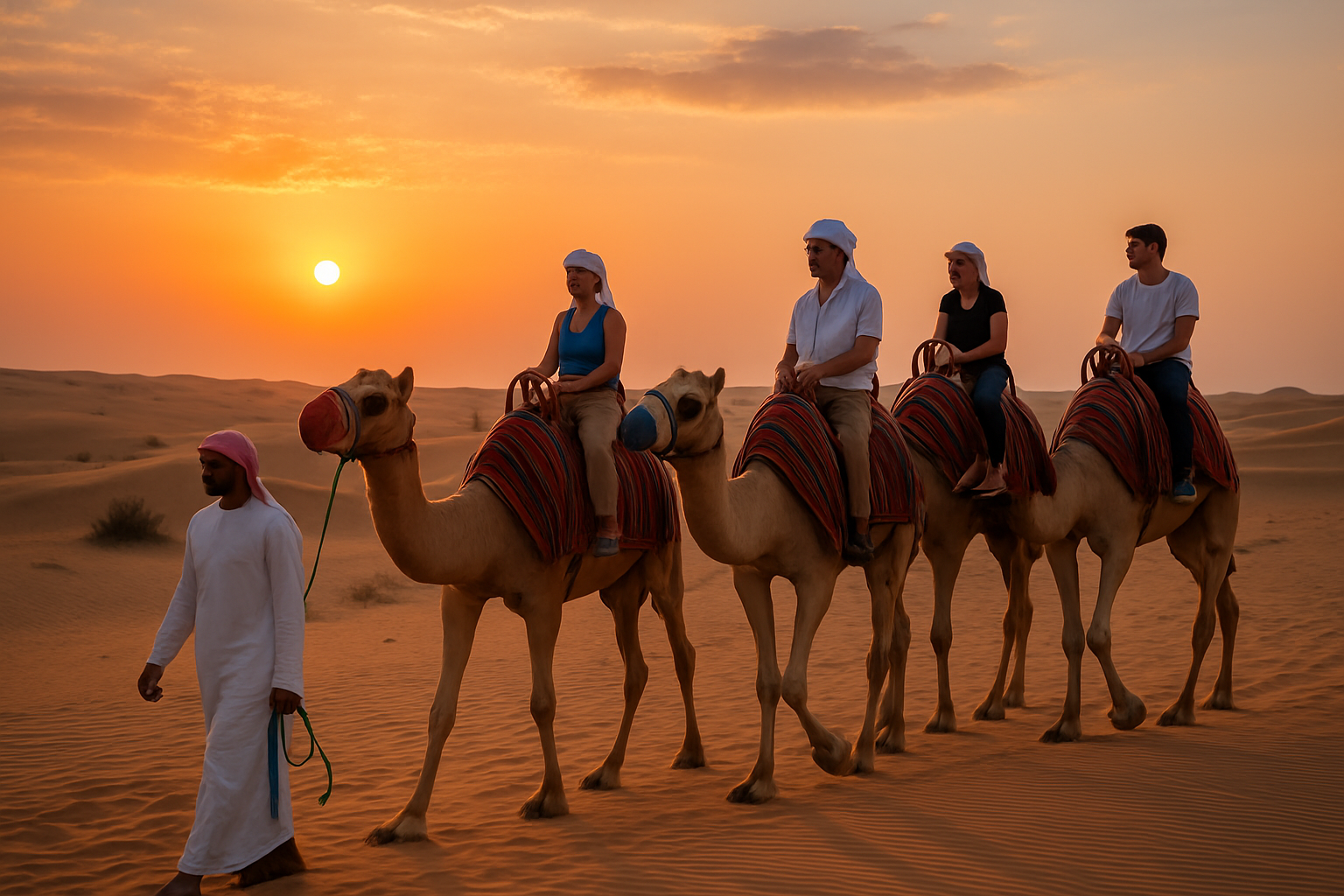 Dubai desert safari adventure with tourists riding camels at sunset