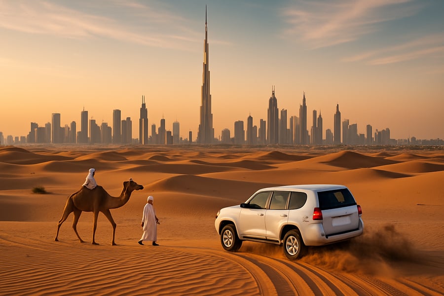 Dubai skyline with Burj Khalifa and desert adventure