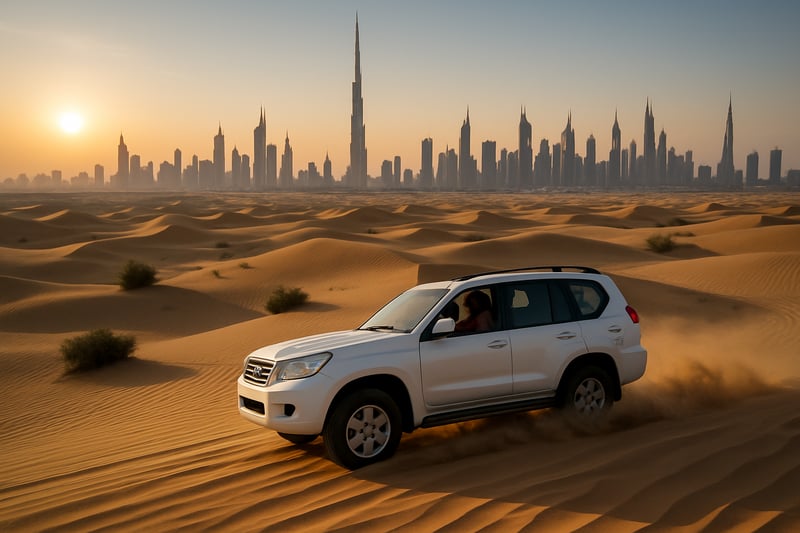 Scenic view of Dubai skyline and desert adventure